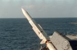 A view of an RIM-67B Standard (SM-2ER) surface-to-air missile on its launch platform aboard a guided missile cruiser